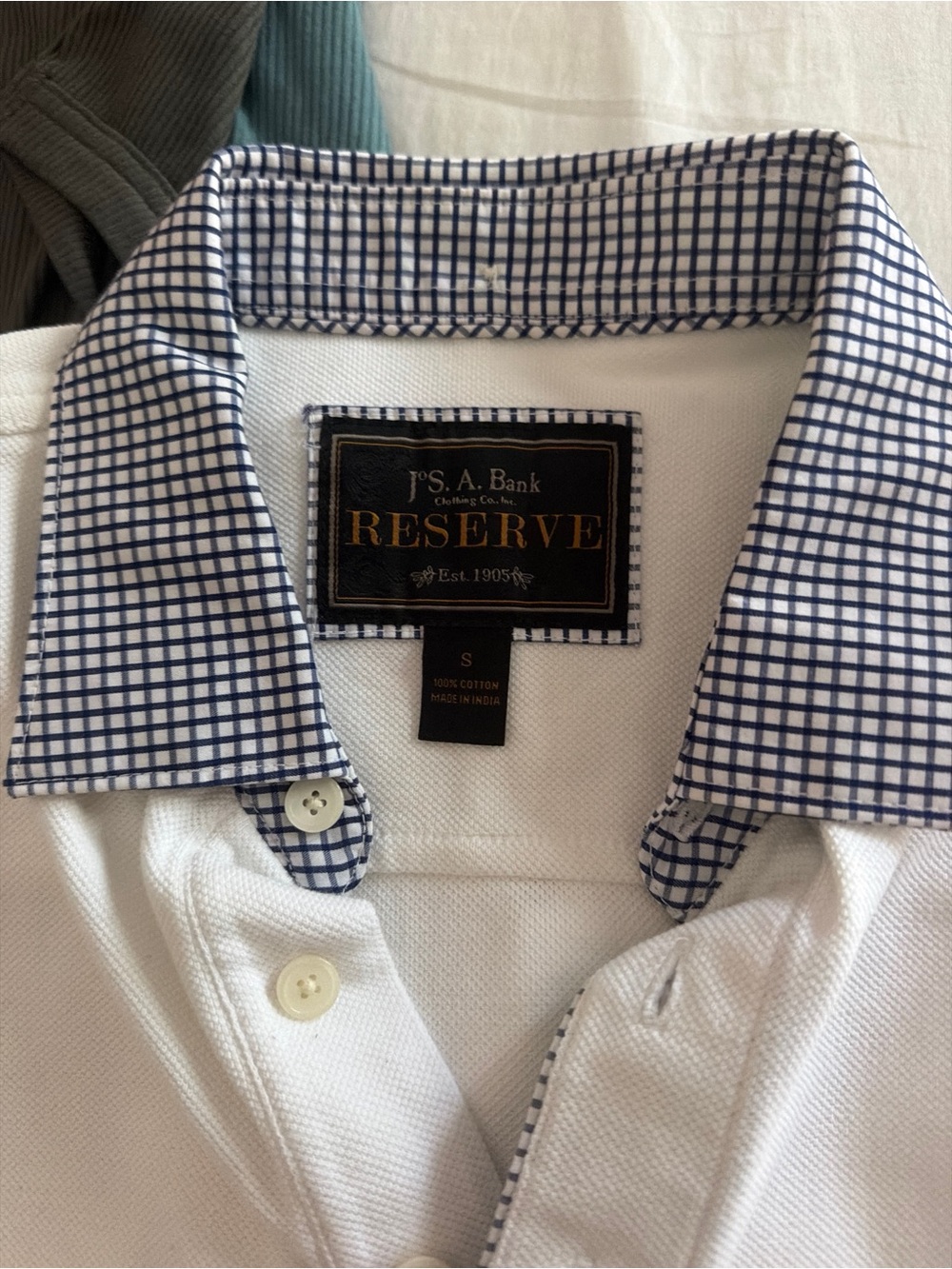 Jos. A. Bank White Polo with Navy Grid Contrast Collar